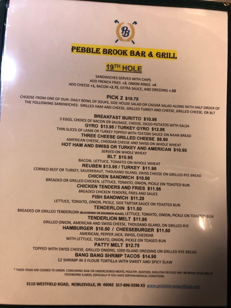 Pebble Brook Bar & Grill Menu Pebble Brook Golf Club